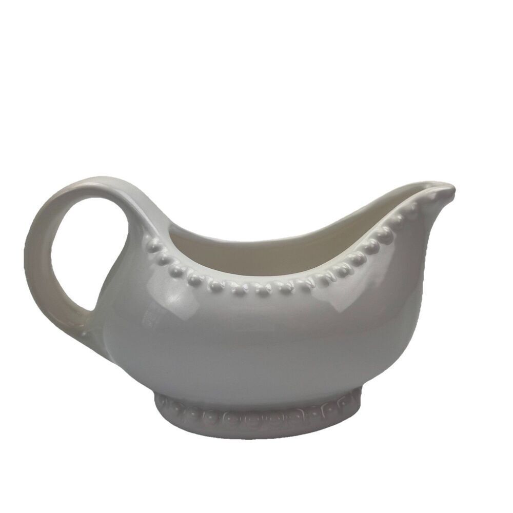 Gallery Tabletop Gravy Boat Beaded Trim Ceramic White Glazed